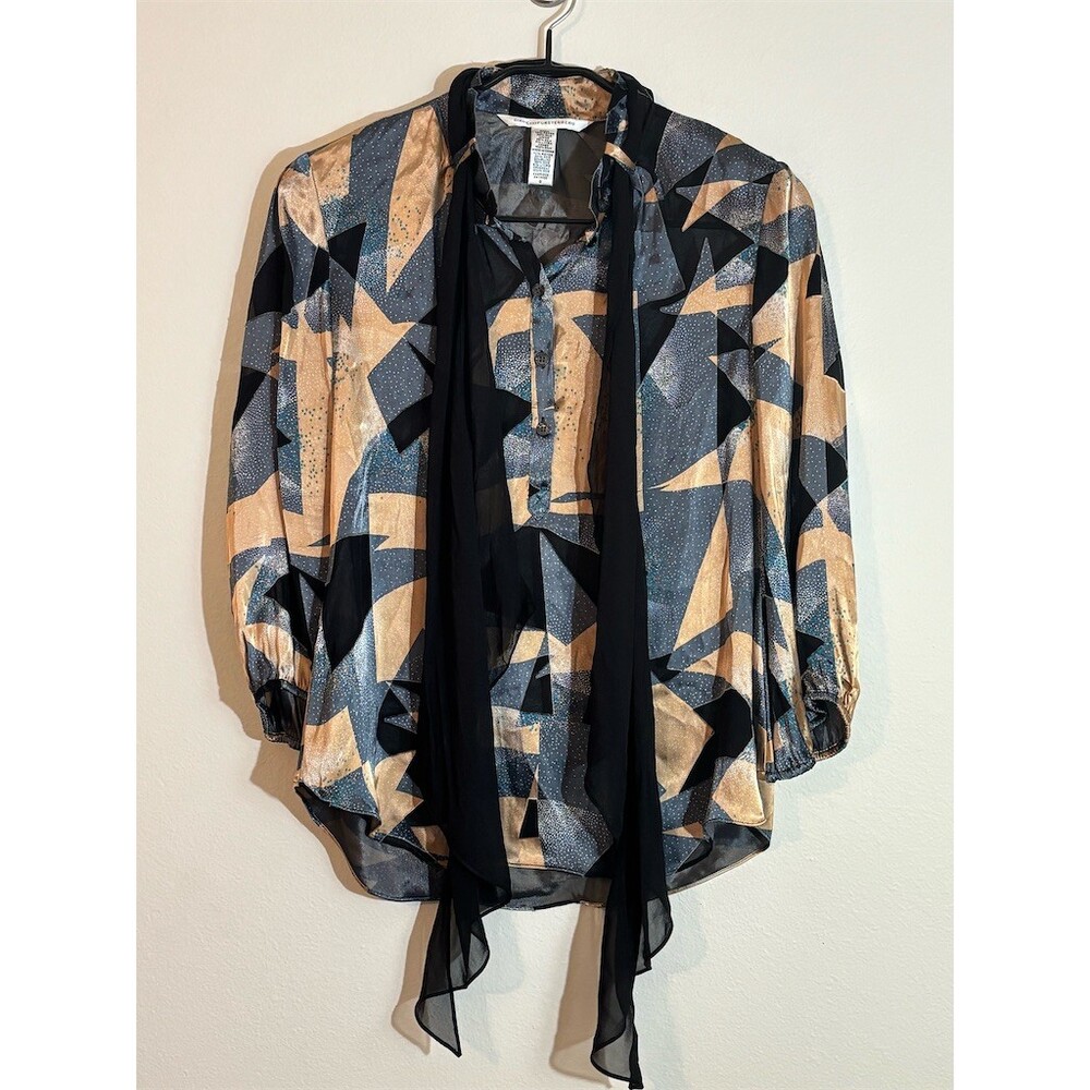 Diane von Furstenberg Blouse Womens Size 8 Blue Geometric Tie-Neck Top
